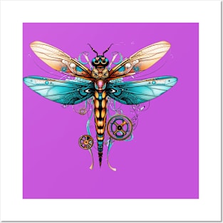 Gold Aqua Steampunk Dragonfly Posters and Art